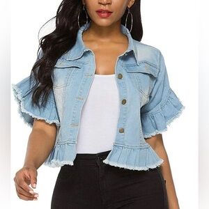 Suvimuga Denim Jacket Button Down Distressed Ruffle Sleeve Crop Jean Jacket!